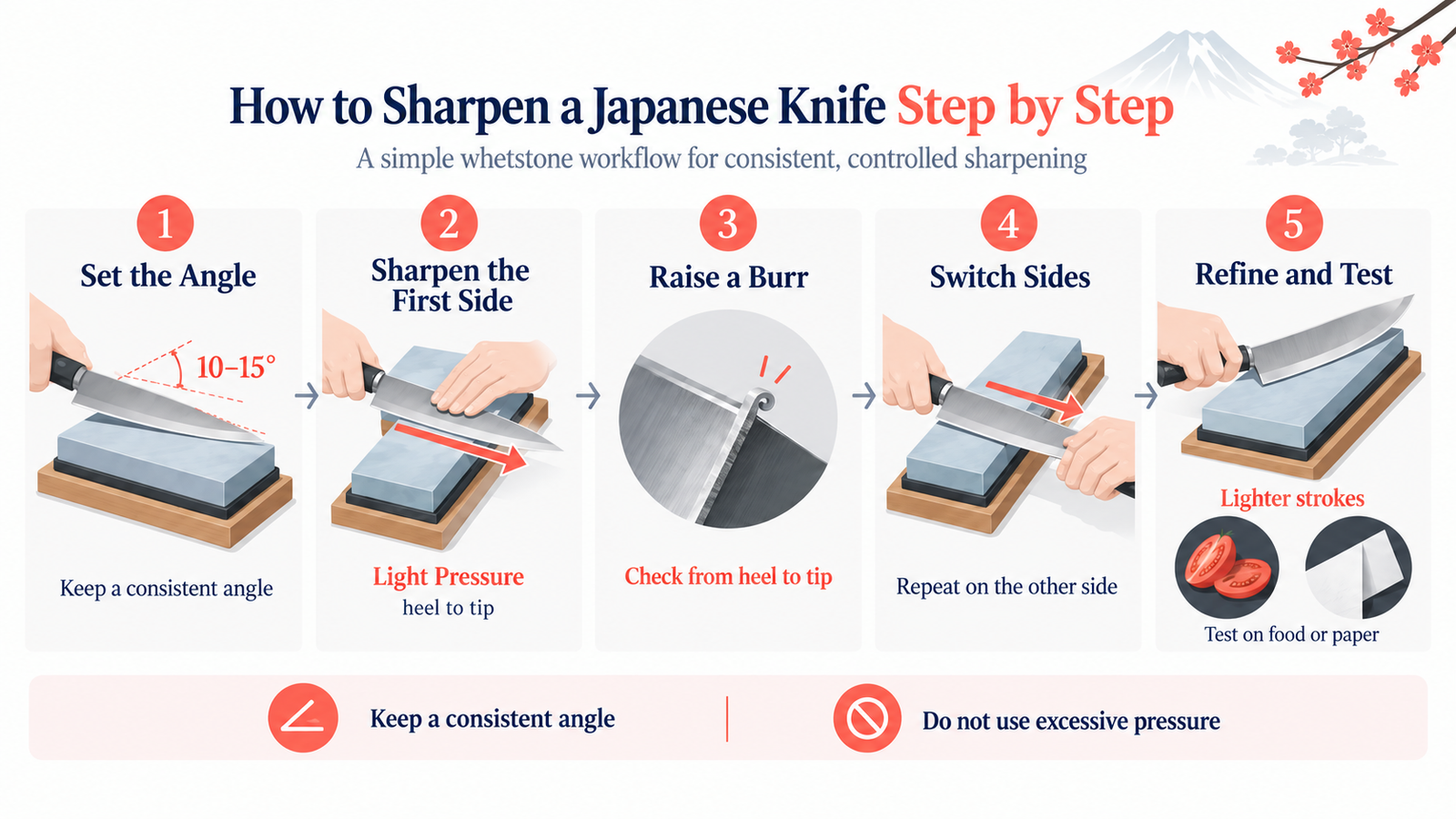 Sharpening angle guide for Japanese knives comparing double-bevel and single-bevel blades