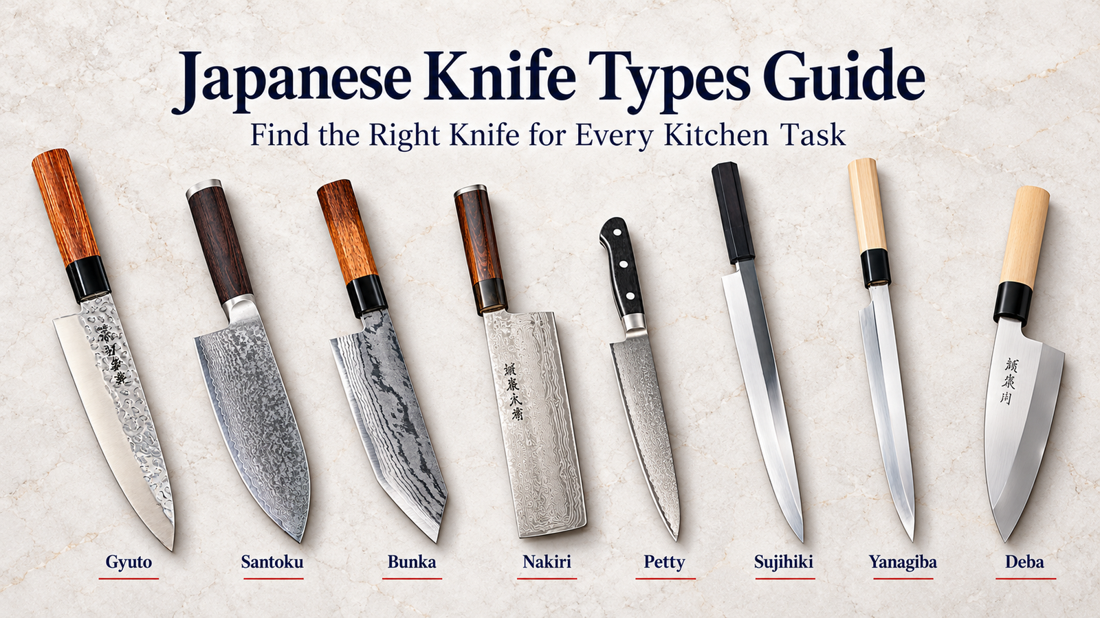 Eight Japanese knife types — Gyuto, Santoku, Bunka, Nakiri, Petty, Sujihiki, Yanagiba, and Deba — arranged on a light stone background.