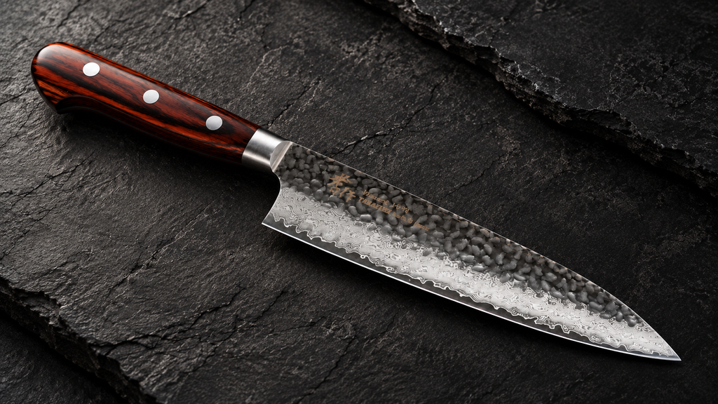 Sakai Takayuki Japanese gyuto knife with a hammered Damascus blade and red wood handle.