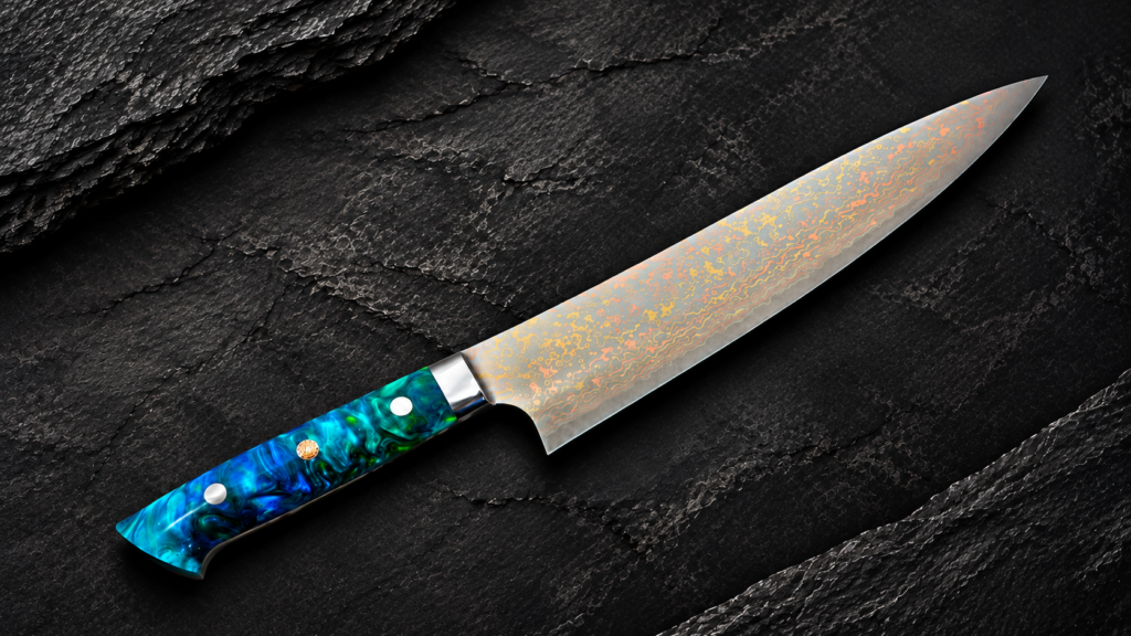 Takeshi Saji Japanese gyuto knife with a colorful handle and patterned Damascus blade on a dark stone background.