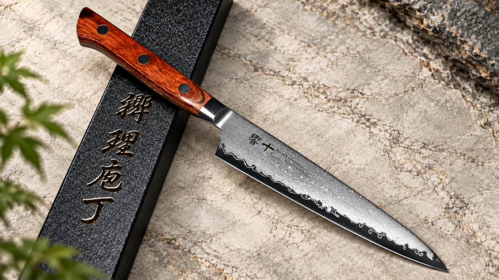 A Japanese petty knife with a reddish wood handle and Damascus-pattern blade rests diagonally across a black presentation box on a textured beige background.