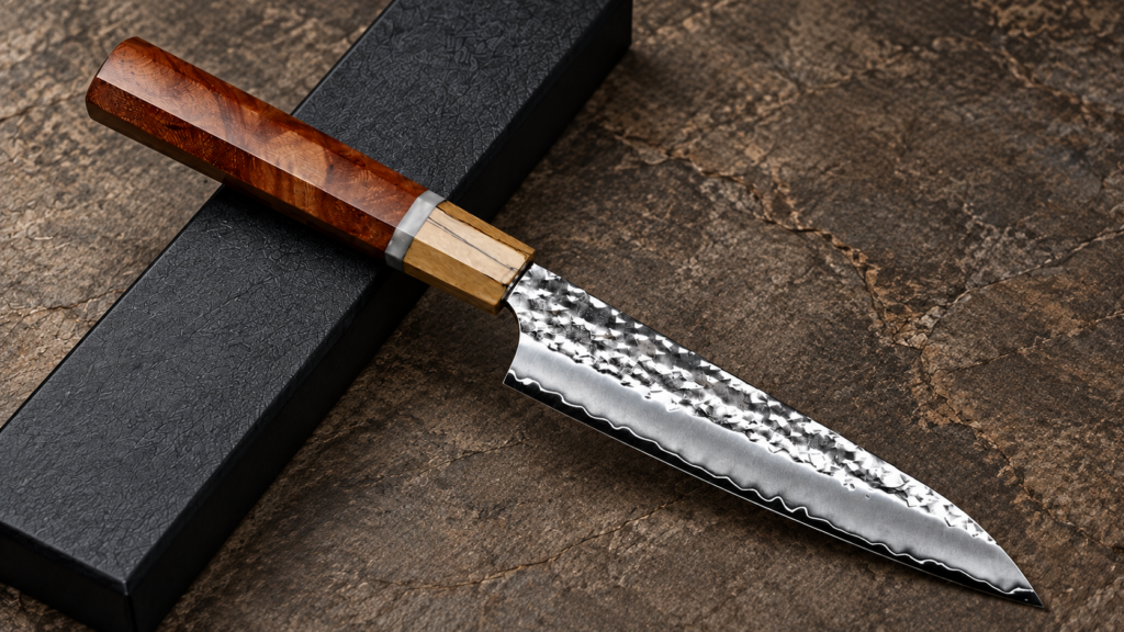 Yu Kurosaki Japanese knife with a hammered blade and wooden handle displayed on a textured stone background.
