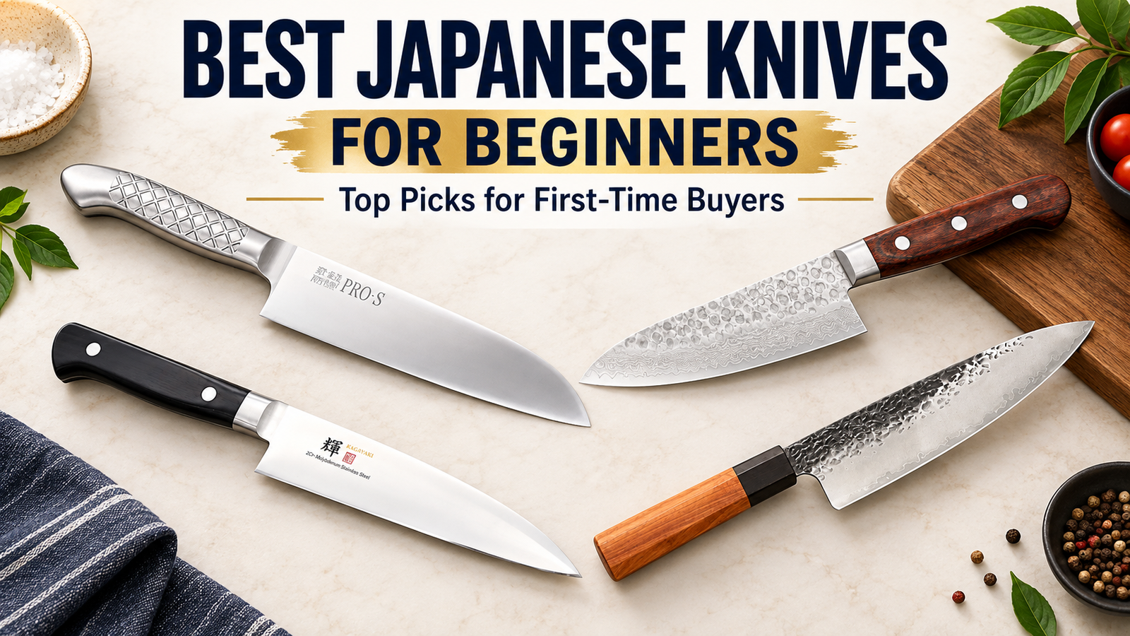 Best Japanese knives for beginners featuring four beginner-friendly Japanese kitchen knives for first-time buyers.
