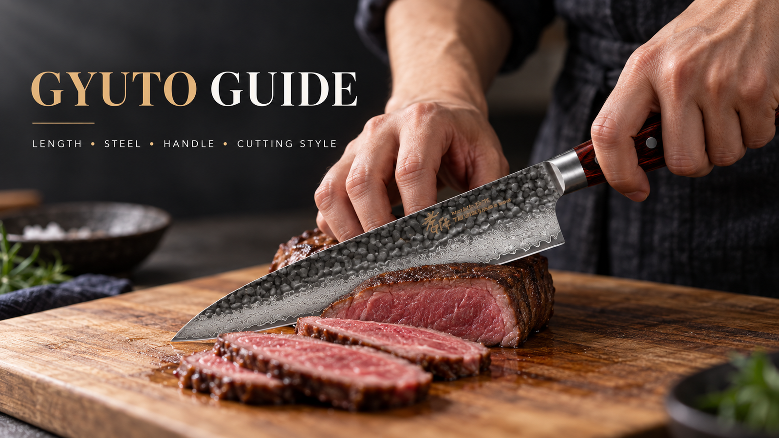Japanese Gyuto knife slicing steak on a wooden cutting board, highlighting blade length, steel, handle, and cutting style.