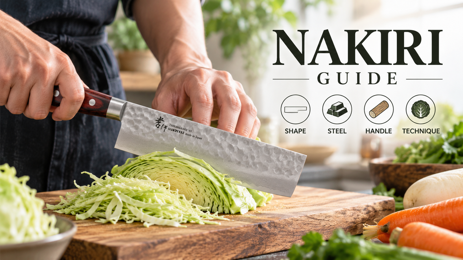 Japanese Nakiri knife slicing cabbage on a wooden cutting board, illustrating blade shape, steel, handle, and cutting technique.
