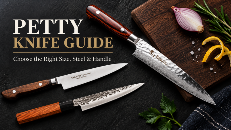 Japanese petty knives featured in a guide to choosing the right size, steel, and handle for everyday kitchen prep.