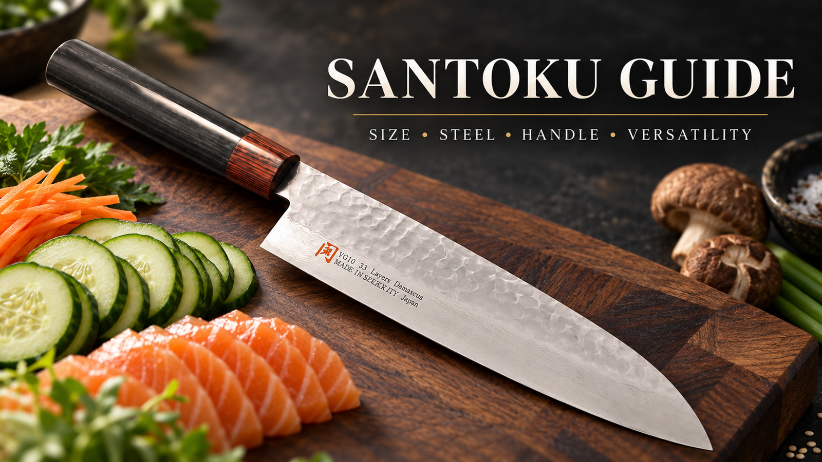 Japanese Santoku knife displayed with salmon and vegetables, highlighting size, steel, handle, and versatility.