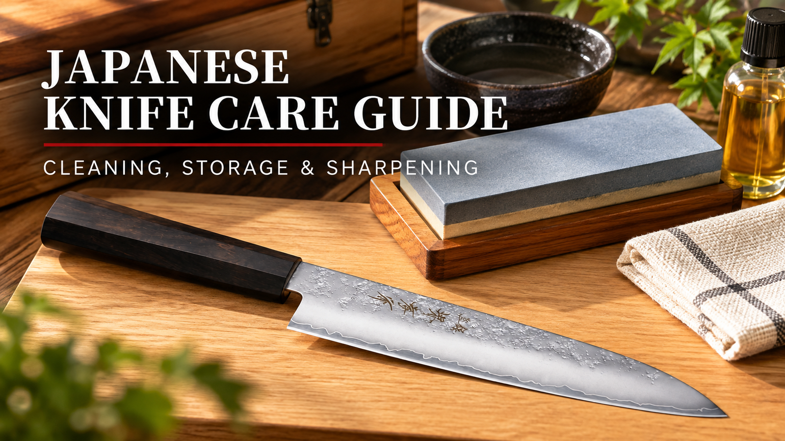 Japanese knife care guide featuring a Sakai Takayuki gyuto with a whetstone, oil, and cleaning cloth for sharpening, storage, and maintenance.