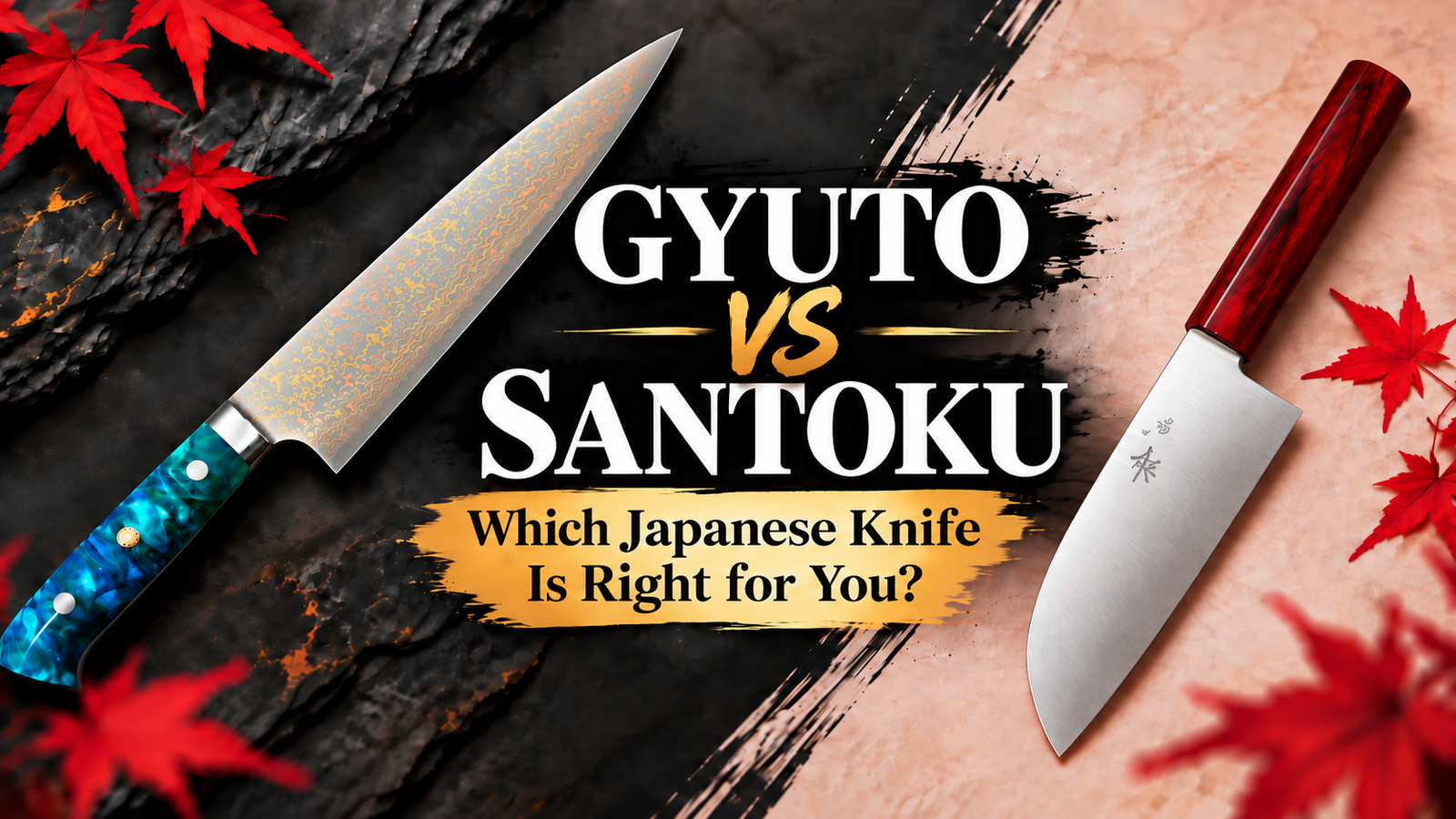 Gyuto and Santoku Japanese kitchen knives shown side by side in a comparison guide to help choose the right knife.
