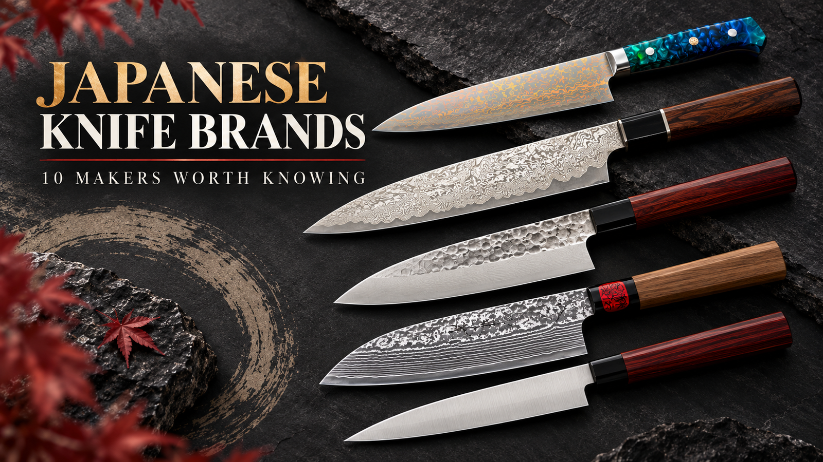 best japanese knife brands guide featuring five Japanese kitchen knives with distinctive blade finishes and handles on a dark stone background.