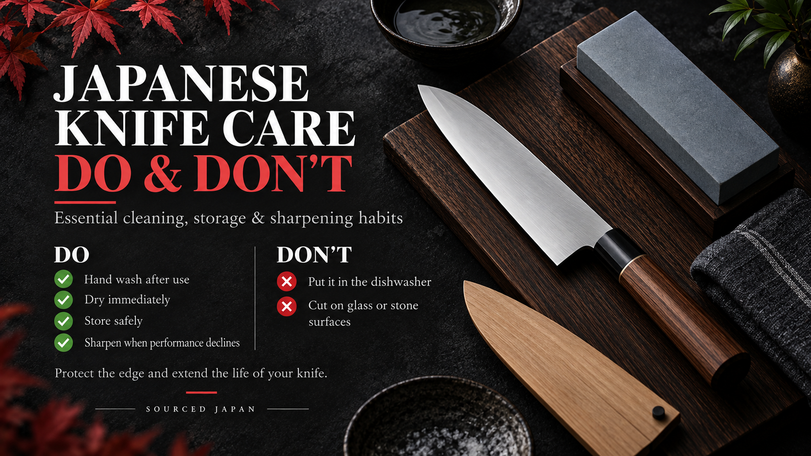 Sharpening angle guide for Japanese knives comparing double-bevel and single-bevel blades