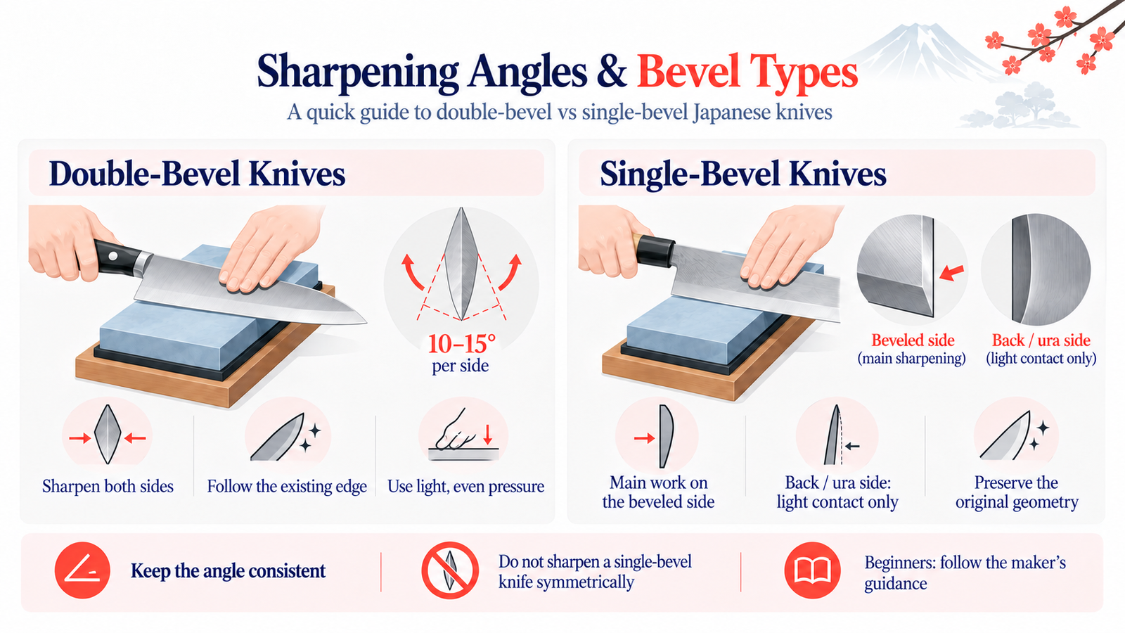 Sharpening angle guide for Japanese knives comparing double-bevel and single-bevel blades