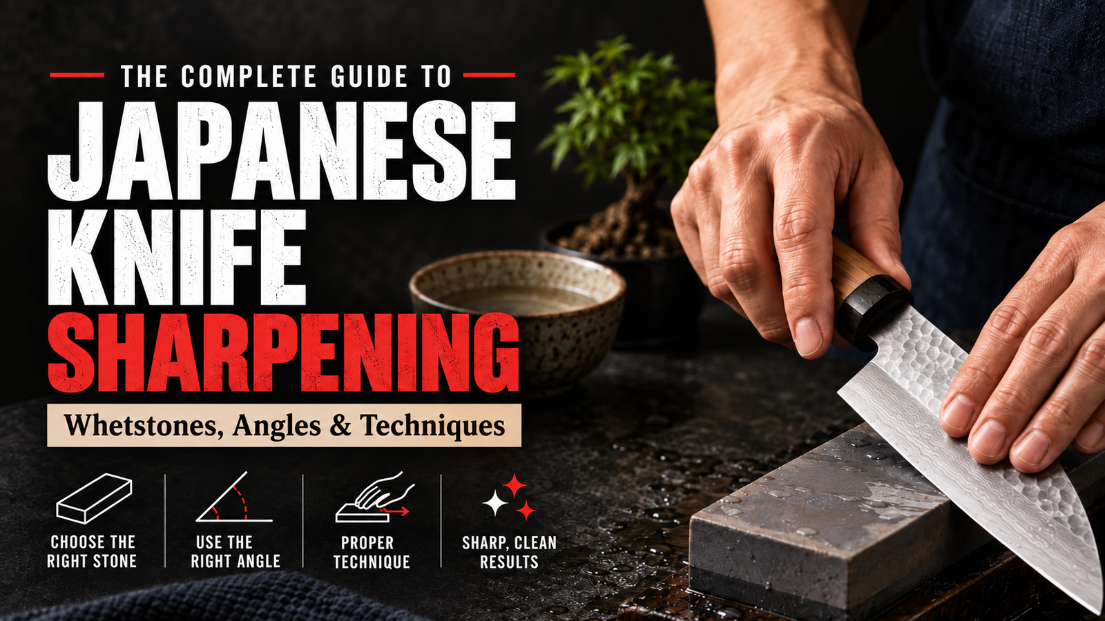 Japanese knife sharpening with a whetstone, featuring sharpening angles, techniques, and stone selection