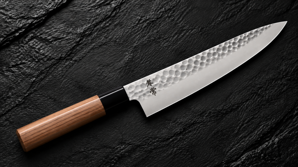 Kanetsune Japanese gyuto knife with a hammered blade and light wood handle on a black slate background.