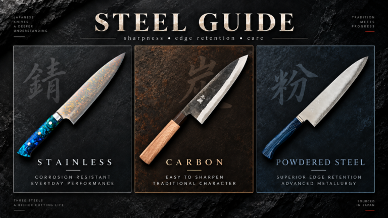 A dark editorial banner titled “STEEL GUIDE” comparing three Japanese kitchen knives against a textured black background. The left knife represents VG-10 Colored Damascus, the center knife represents Aogami (Blue) #2, and the right knife represents ZDP189, with each knife shown at a similar size to highlight differences in steel type.