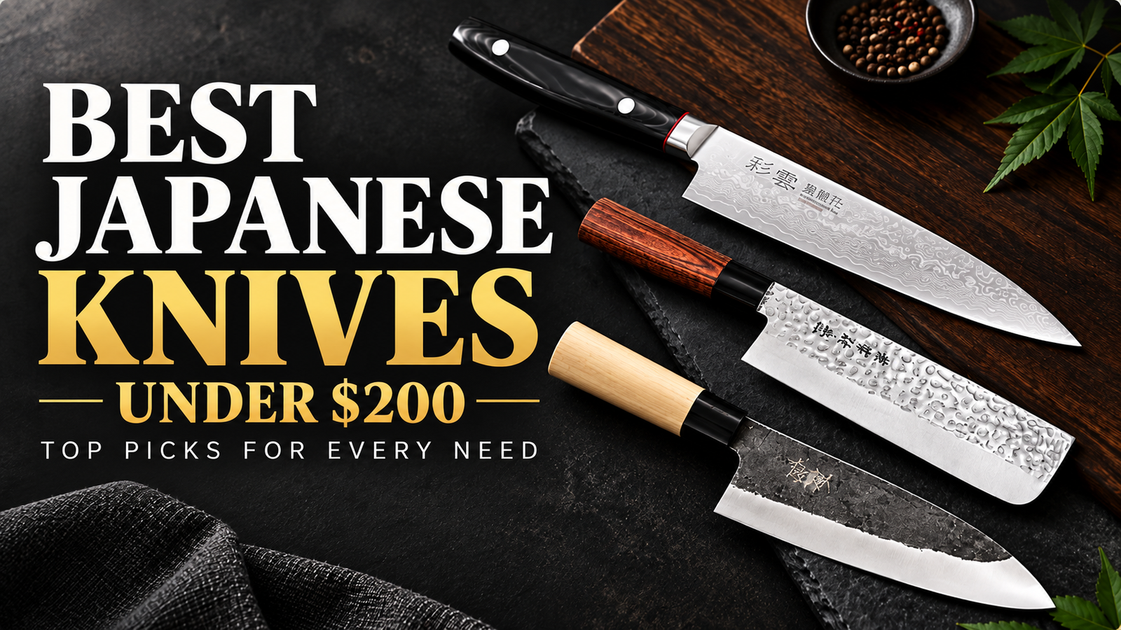 Best Japanese Knives Under $200 featured image showing premium Japanese kitchen knives and bold headline text