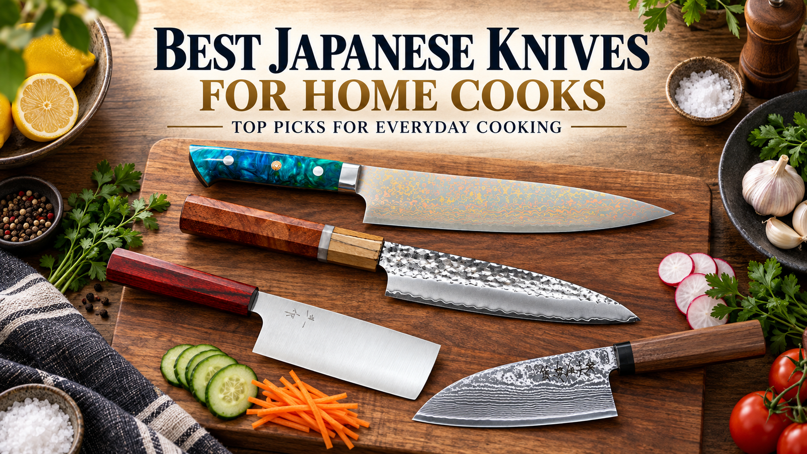 Best Japanese knives for home cooks arranged on a cutting board with fresh vegetables and ingredients