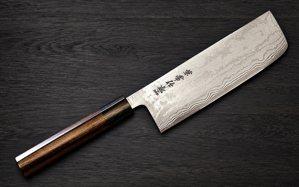 Japanese-style nakiri knife with a layered blade and octagonal wood handle on a dark wood background