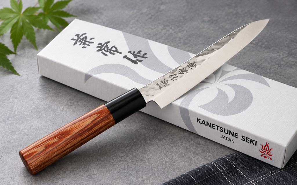Japanese petty knife with a polished blade and light brown octagonal wood handle on a clean neutral background