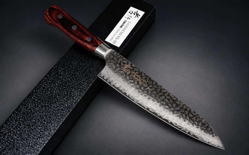 Sakai Takayuki 33-layer VG10 Damascus hammered Gyuto 210mm with a reddish-brown wooden handle resting diagonally across a black presentation box on a dark background.