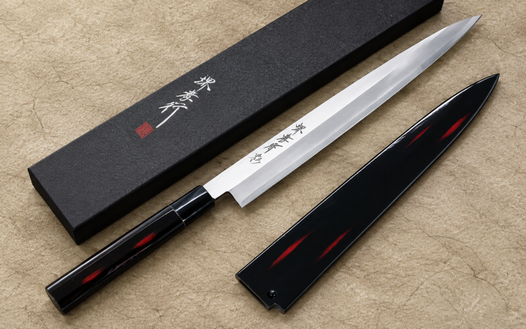 Sakai Takayuki Shikisai INOX Yanagiba 270mm with a black and red handle, matching saya, and presentation box on a textured beige surface.