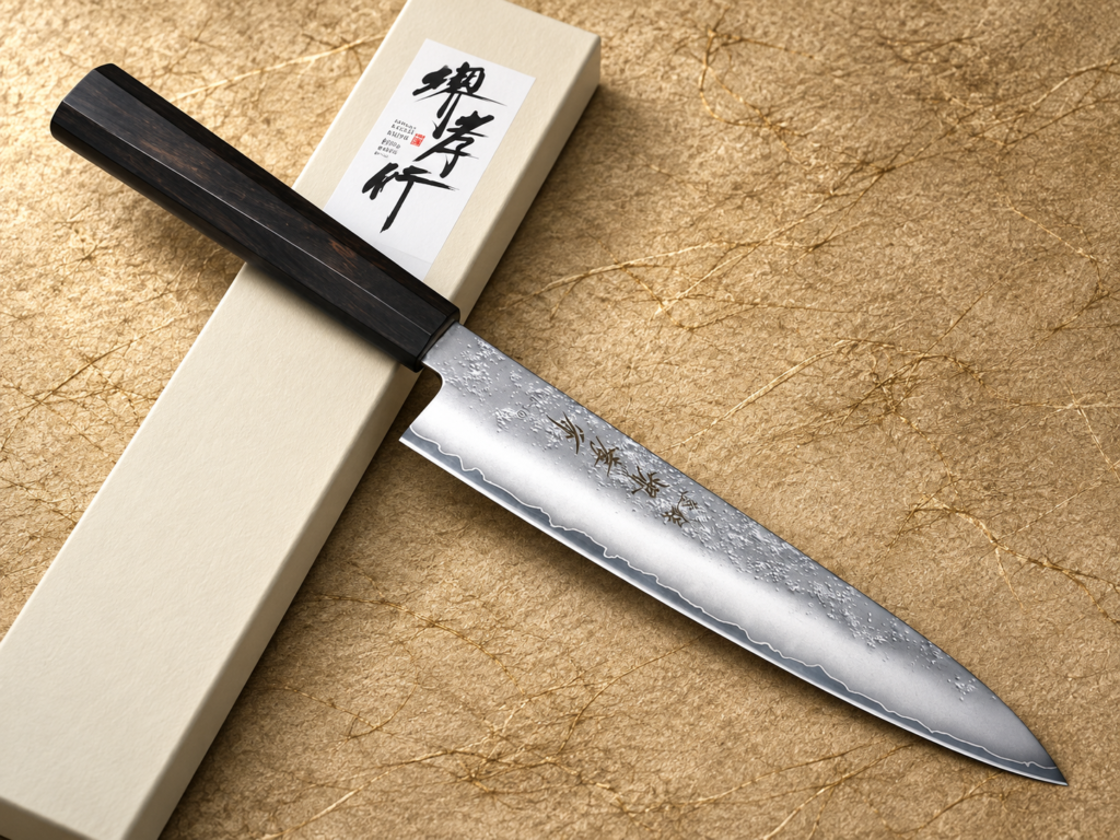 Sakai Takayuki VG10 Nashiji WA Gyuto 210mm with a dark ebony-style wooden handle resting diagonally across a cream presentation box on a textured gold background.