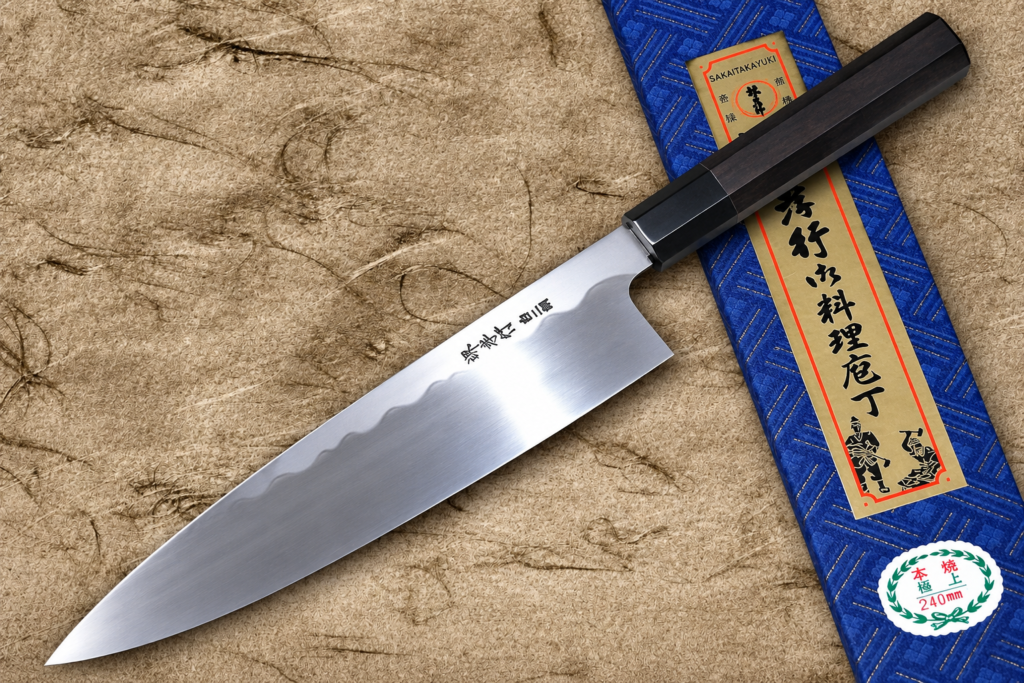 Sakai Takayuki White No.2 Honyaki Wave-Art Gyuto 240mm with ebony handle and presentation box