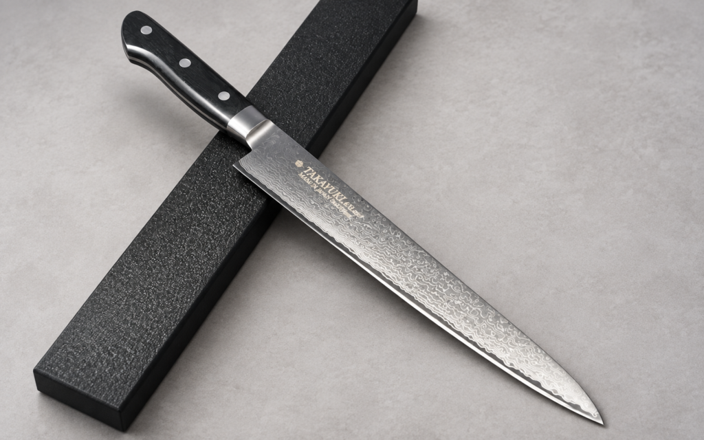 Sakai Takayuki 63-layer Damascus sujihiki 270mm with a black handle displayed across a black presentation box on a light textured surface.