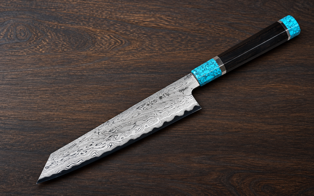 Satoshi Nakagawa Aogami #1 Damascus Kiritsuke-Gyuto 210mm with ebony and turquoise handle
