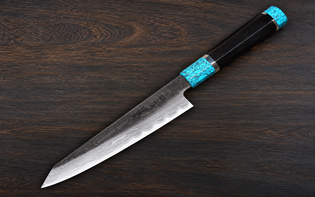 Satoshi Nakagawa Aogami #1 Damascus Kurouchi Kiritsuke-Petty 150mm with ebony and turquoise handle
