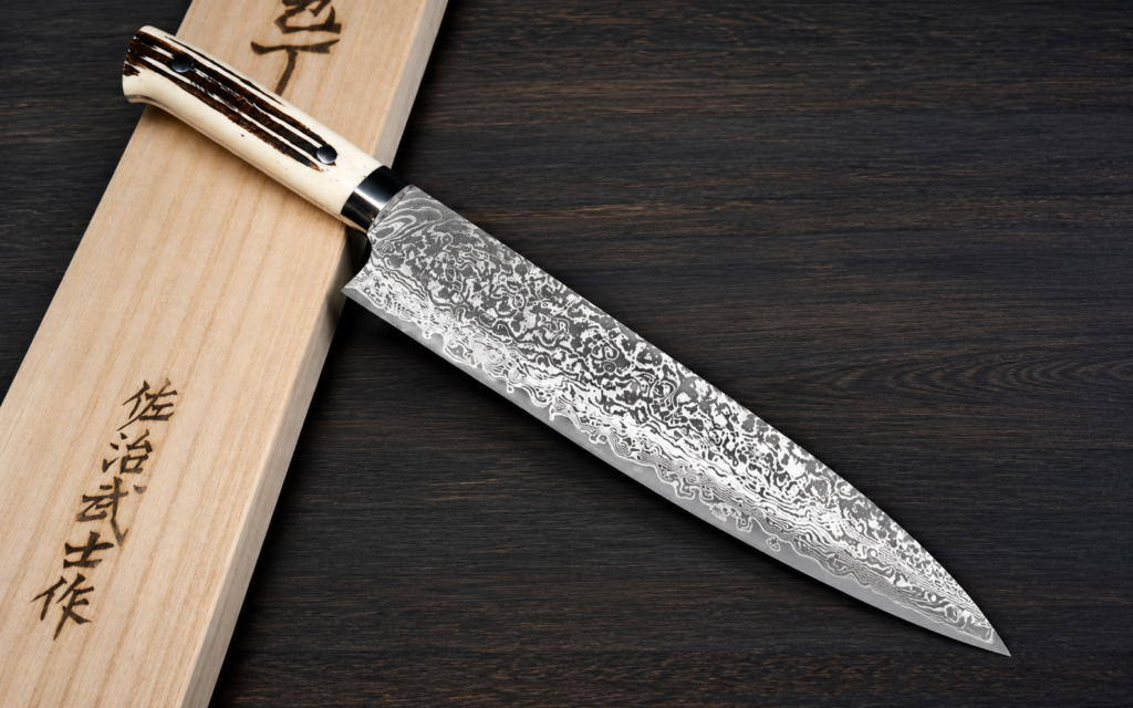 Takeshi Saji R2 SG2 Black Damascus Gyuto 210mm with natural antler handle