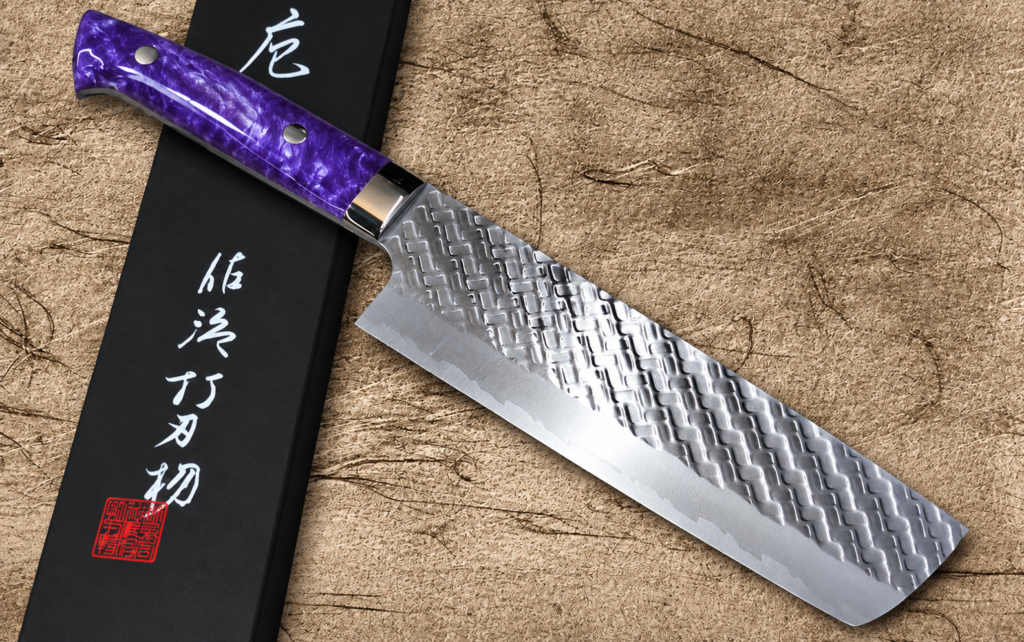 Takeshi Saji SPG-STRIX Mirror Hammered Nakiri 180mm with purple resin handle