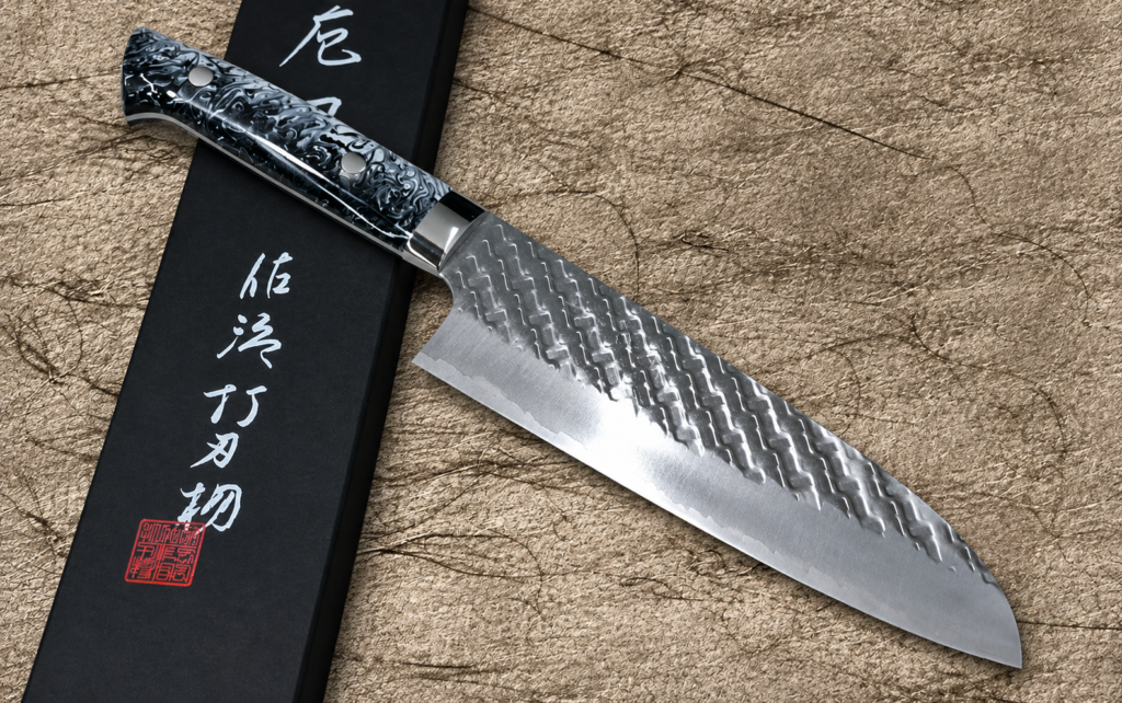Takeshi Saji SPG-STRIX Mirror Hammered Santoku 180mm with resin handle