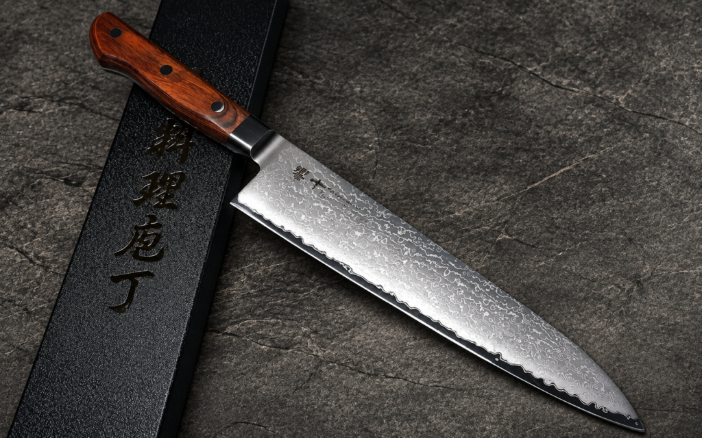 Damascus Japanese chef knife with a wooden handle displayed beside a black presentation box on a textured gray background.