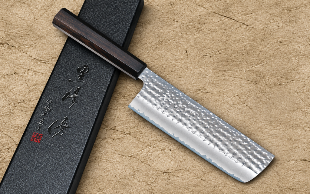 Japanese hammered knife with a dark wooden handle resting diagonally across a black presentation box on a textured beige background.