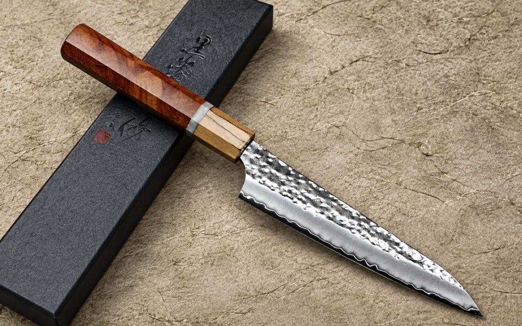 Yu Kurosaki R2/SG2 hammered petty knife 150mm with a two-tone wooden handle resting diagonally across a black presentation box on a textured beige background.