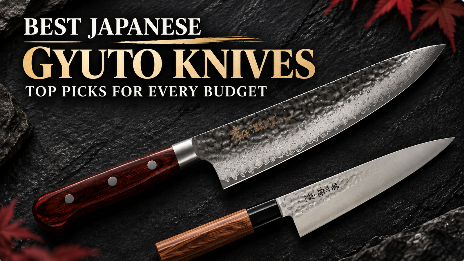 Best Japanese Gyuto Knives featured image with two Japanese chef’s knives on a dark textured background.