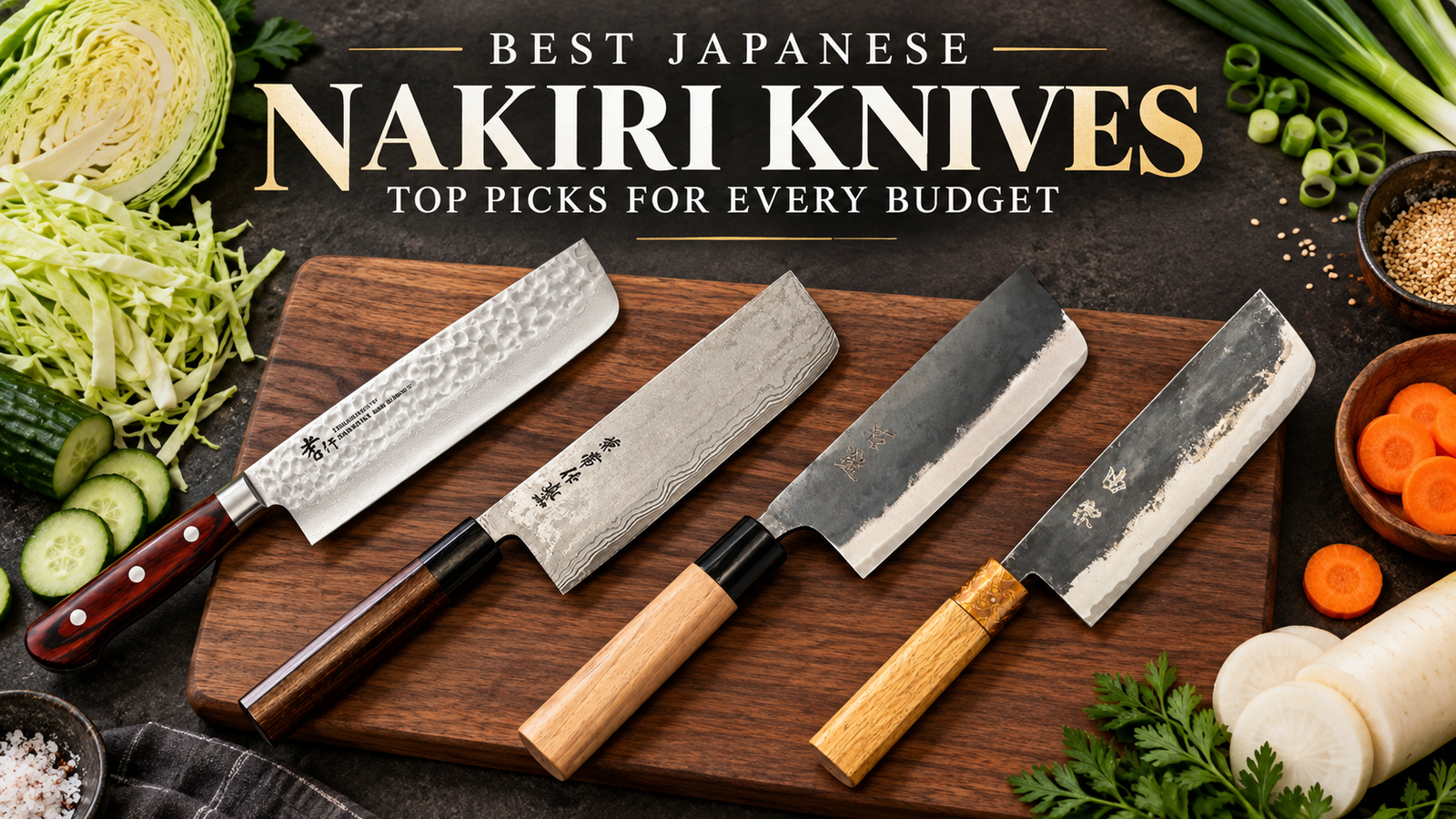 Best Japanese Nakiri knives arranged on a cutting board with fresh vegetables for a top picks by budget guide