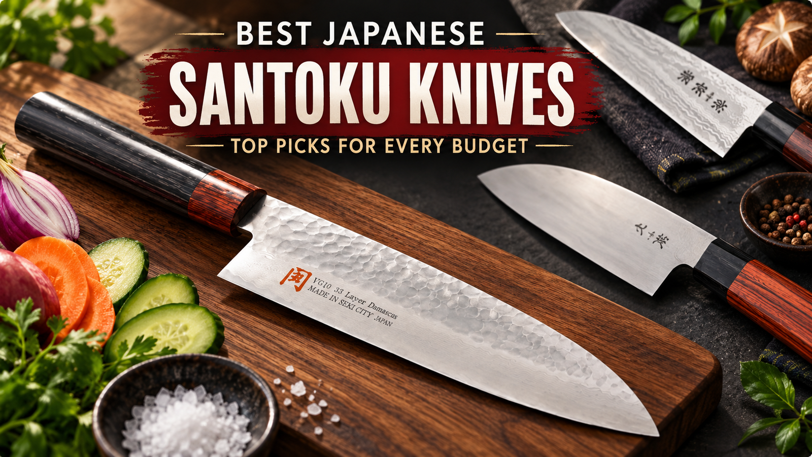 Best Japanese Santoku knives displayed with fresh vegetables for a top picks for every budget guide