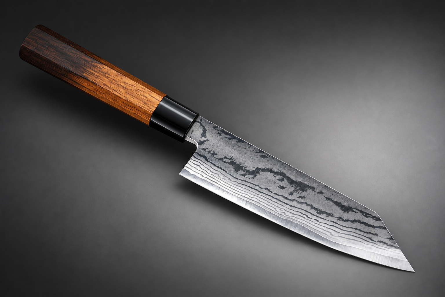 Bunka Japanese knife with a wooden handle and layered Damascus-style blade, photographed diagonally on a softly lit dark gray background.