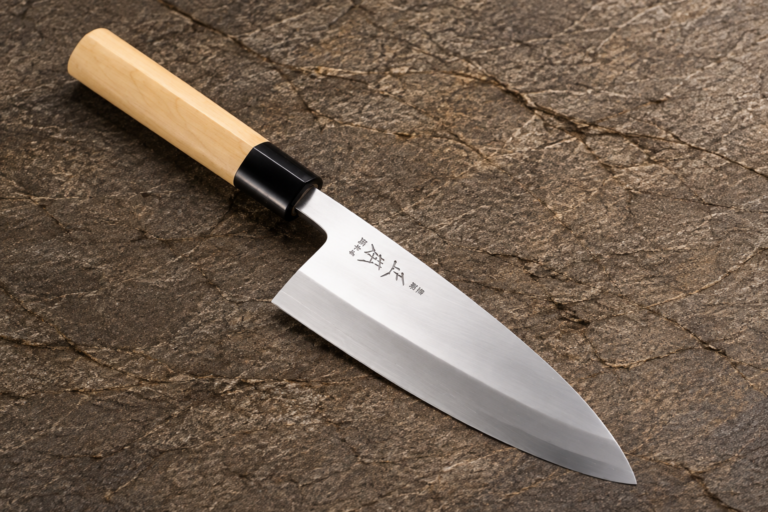 Deba Japanese fish knife with a broad polished blade and light wooden handle on a dark textured stone background.