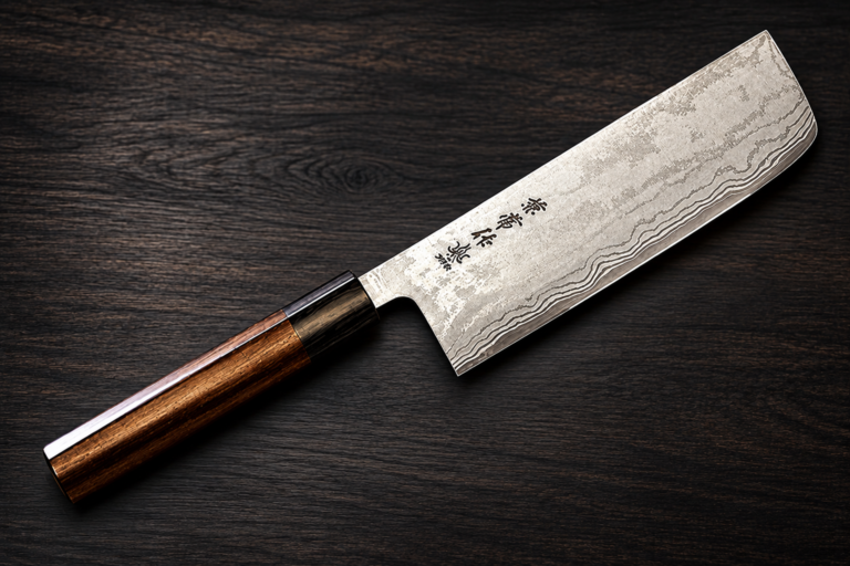 Japanese nakiri knife with a wide Damascus-patterned blade and dark wooden handle, photographed on a dark wood background.