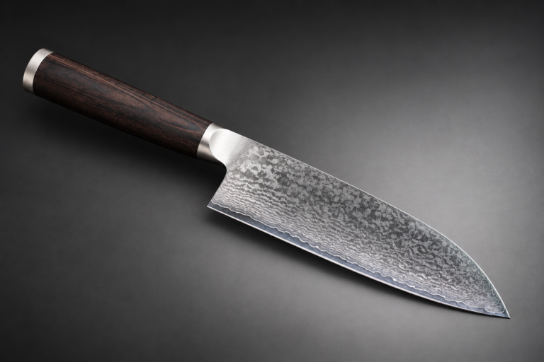 Japanese santoku knife with a dark wood handle and patterned Damascus-style blade, photographed diagonally on a clean gray background.