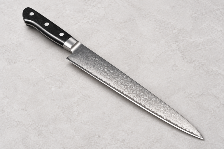 Sujihiki Japanese slicing knife with a long Damascus-patterned blade and black handle on a light gray stone background.