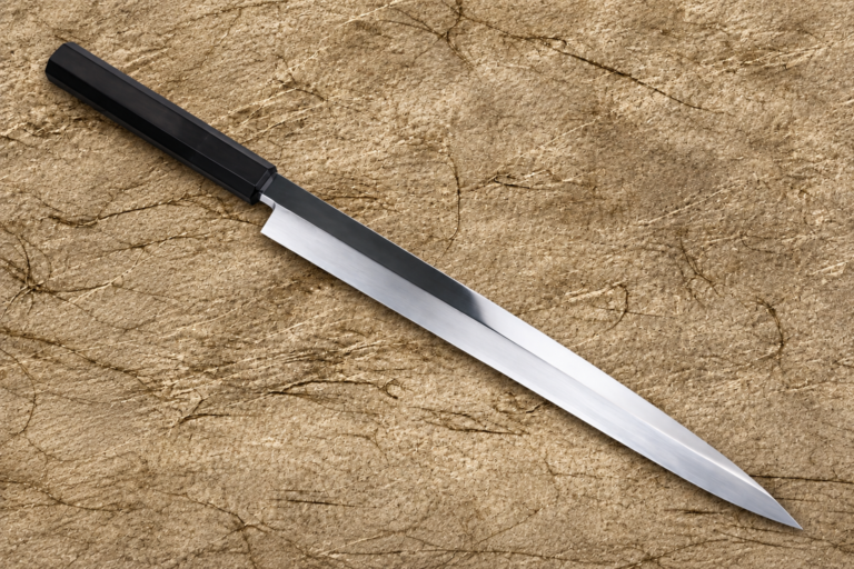Yanagiba Japanese sashimi knife with a long polished single-bevel blade and black handle on a textured beige background.