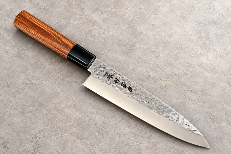 Japanese gyuto knife with hammered blade and wooden handle on a light stone background